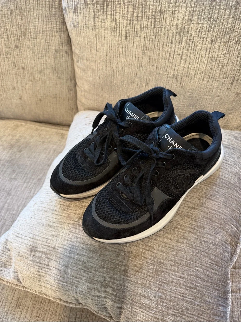CHANEL Calfskin Mesh Lycra Suede Womens Logo Sneakers ⭐️size 38 AUTHENTIC